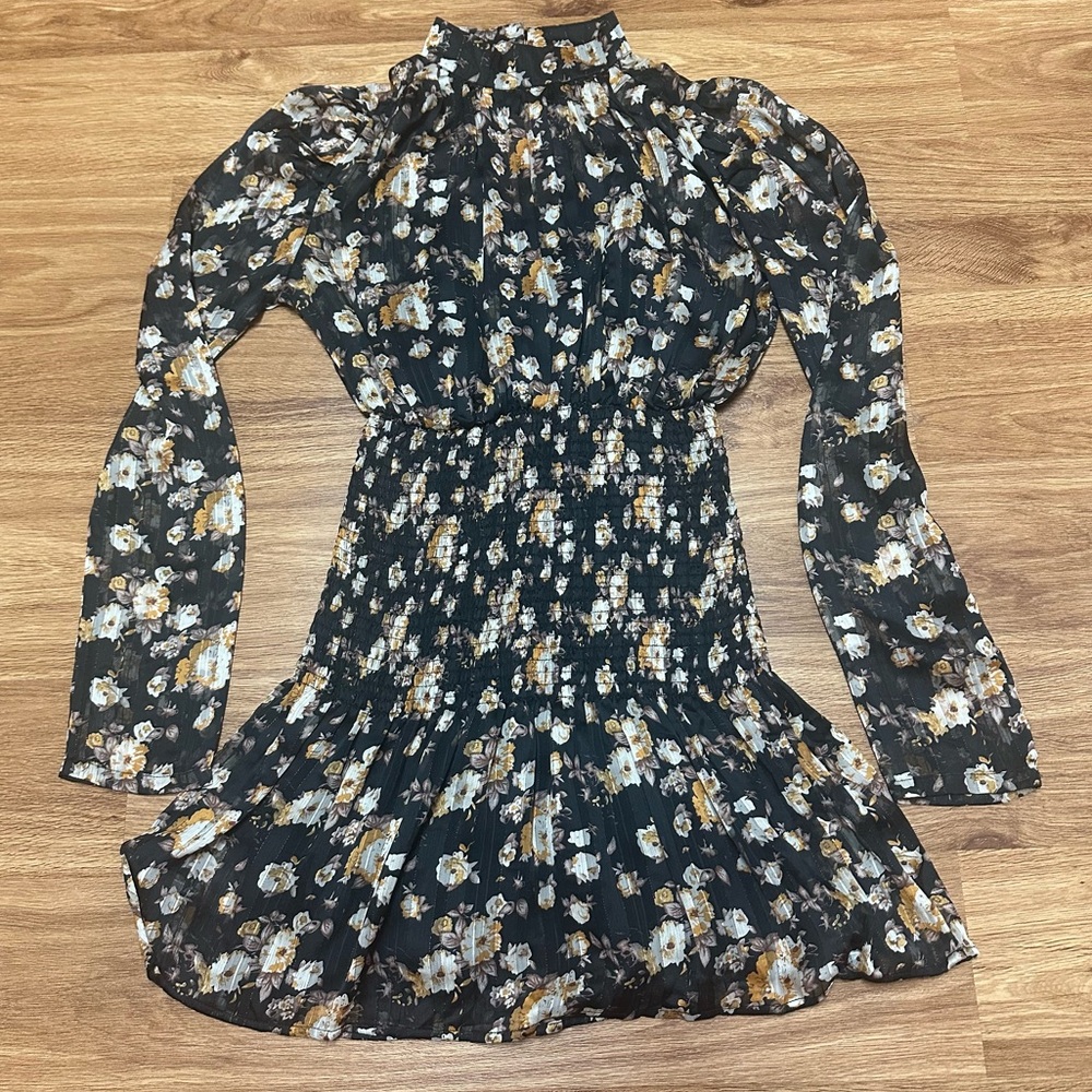 Fore - Women's Black, White, and Gold Long Sleeve Dress with Mock Neck - Size S